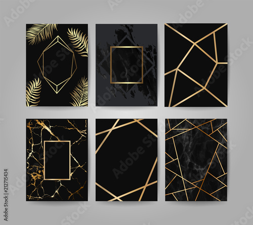 Luxury wedding invitation cards with marble texture and geometric shape , palm leaf tropical style pattern vector design template