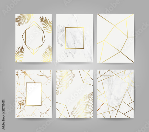Luxury wedding invitation cards background template with gold marble texture and geometric shape pattern vector 