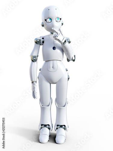 3D rendering of a white cartoon robot thinking about something.