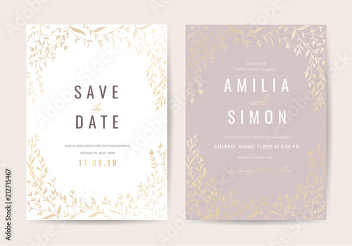Luxury wedding invitation card with gold flower and leaf pattern vector design template