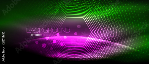 Neon glowing wave, magic energy and light motion background. Wallpaper template, hi-tech future concept