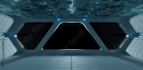 Fototapeta Naklejka Na Ścianę i Meble -  Spaceship futuristic grey blue interior window view