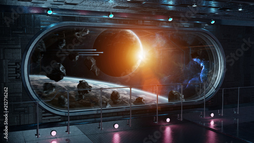 Fototapeta Naklejka Na Ścianę i Meble -  Black tech spaceship round window interior background 3D rendering