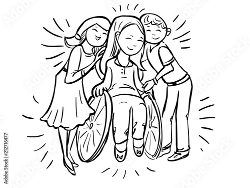 Girl and boyfriend hug a girl in wheelchair