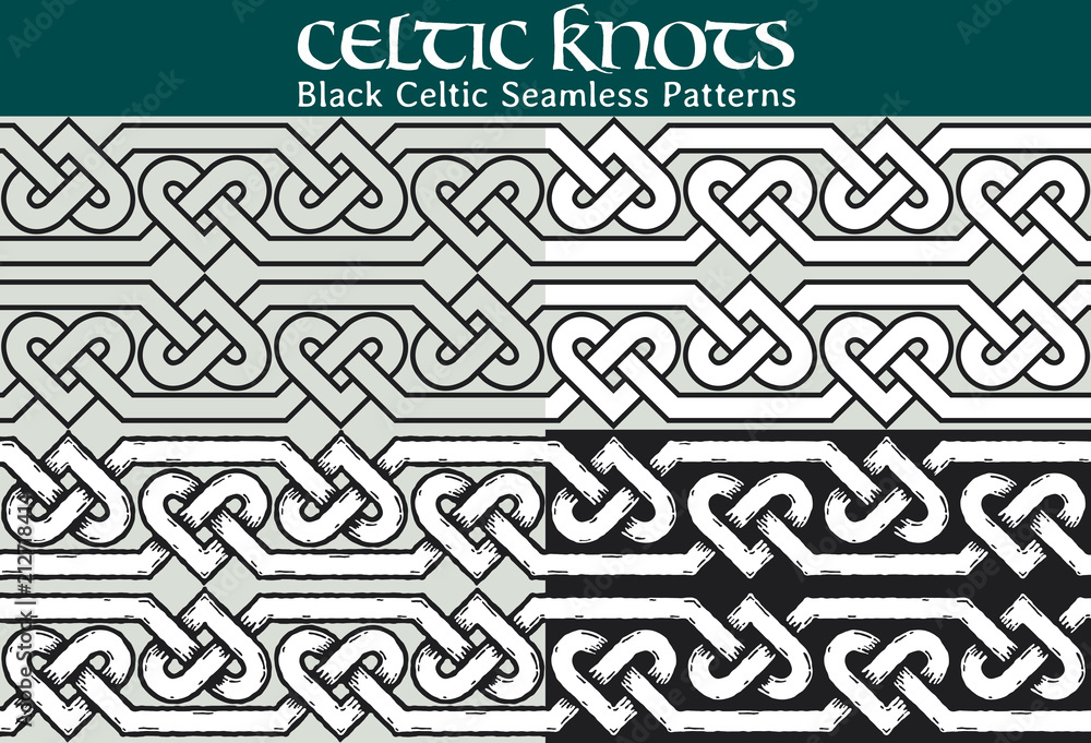 Black Celtic Seamless Pattern. 4 different versions of a seamless pattern with Celtic knots: with white filling, without filling, with shadows and with a black background. Black Celtic Seamless Pattern. 4 different versions of a seamless pattern with Celtic knots: with white filling, without filling, with shadows and with a black background.