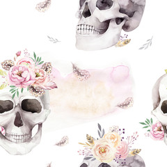 Sierkussen Doodshoofd met bloemen patronen Boho schedel met rozen vintage  © kris_art