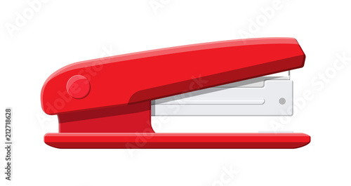 Red plastic stapler. Device for fastening sheets. photo