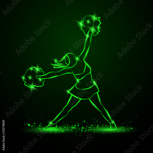 Cheerleader dances with pom poms. Green neon cheerleading illustration for sporting poster event.