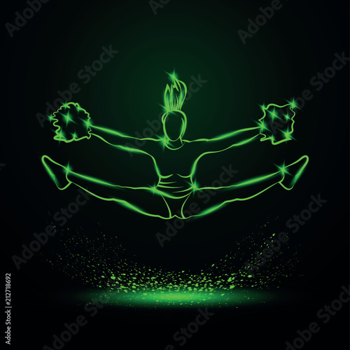 Cheerleader jumps and doing splits with pom poms. Green neon cheerleading illustration for sporting poster event.