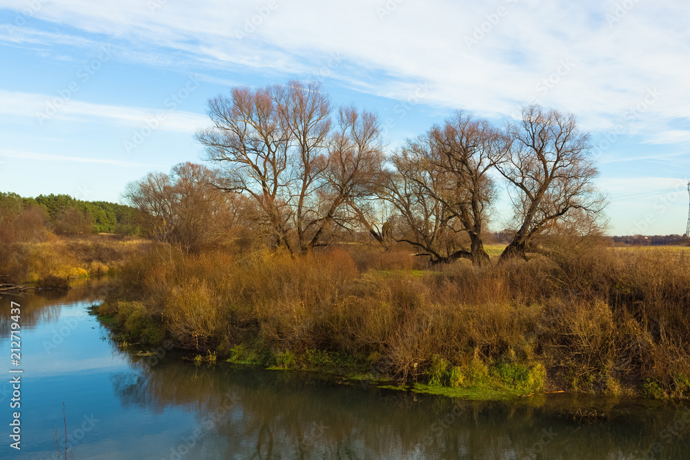 Beautiful view on a river in the autumn forest. Toned Beautiful view on a river in the autumn forest. Toned