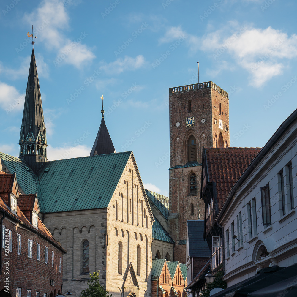 View to Ribe cathedral in Denmark south Jutland seen from the pedestrian street