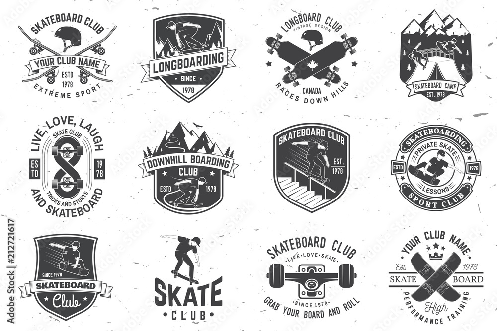 Set of Skateboard and longboard club badges. Vector illustration