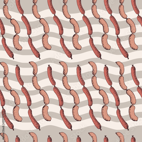 Seamless pattern with sausage. Food. Hand drawn Meat products on a waves background:  smoked sausages, baked meatloaf, frankfurters. Background for textile, fabric, restaurant, meat shop..