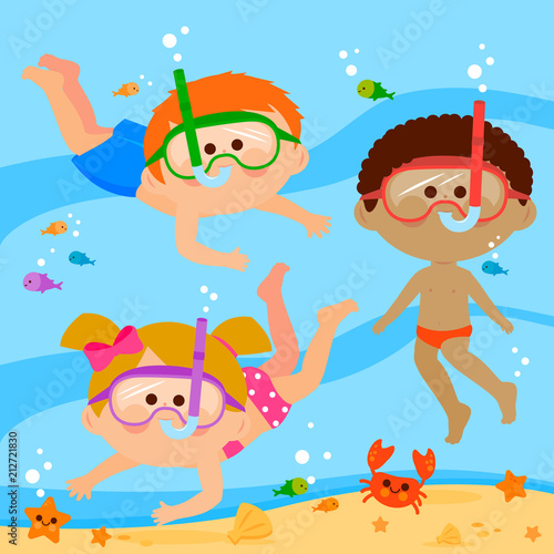 Children with diving masks swimming under the sea. Vector illustration