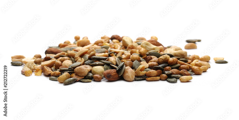 Healthy food mix of peanuts, seeds, almonds, roasted soybeans and cashews isolated on white background Healthy food mix of peanuts, seeds, almonds, roasted soybeans and cashews isolated on white background