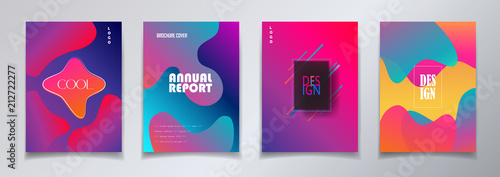 Fluid vibrant gradient color abstract Brochure covers set. Colorful dynamic floating bubbles shapes, hipster style. Trendy minimal futuristic design. Concept Business, Festival 3d Surreal Pop Art 