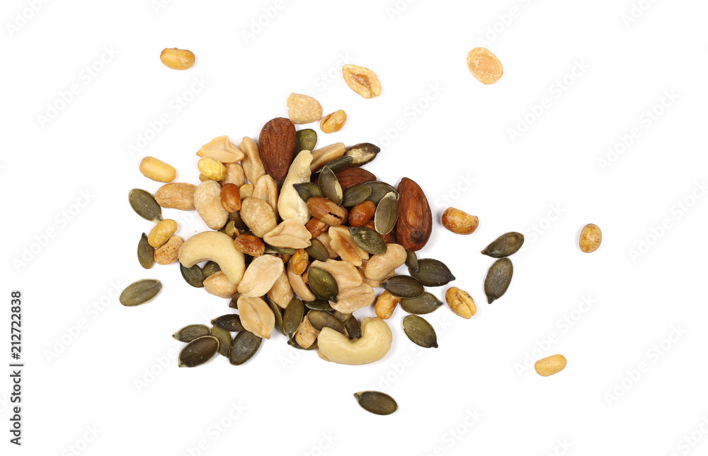 Healthy food mix of peanuts, seeds, almonds, roasted soybeans and cashews isolated on white background, top view Healthy food mix of peanuts, seeds, almonds, roasted soybeans and cashews isolated on white background, top view