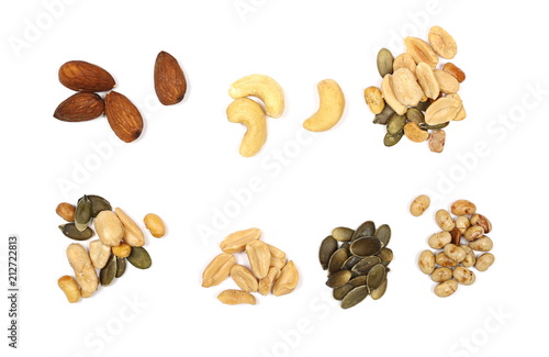 Healthy food mix of peanuts, seeds, almonds, roasted soybeans and cashews isolated on white background, top view