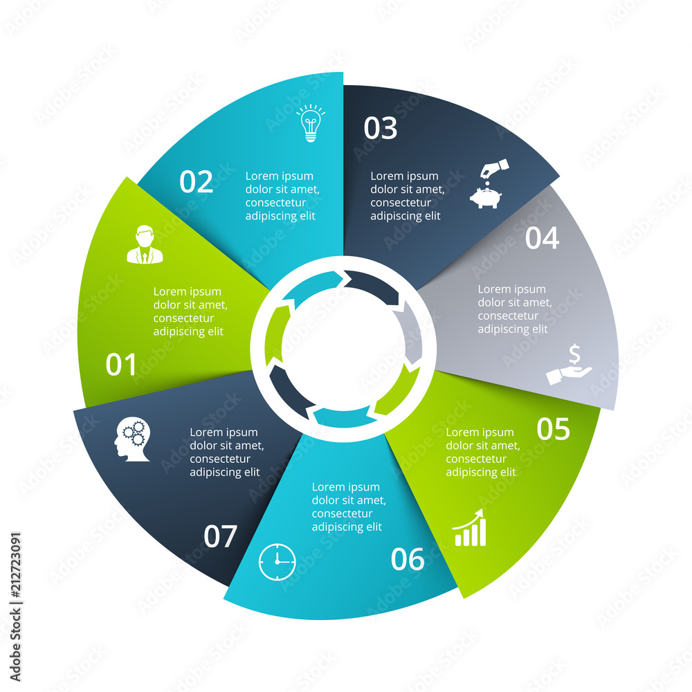 Circle diagram divided into 7 parts, steps or options. Vector origami