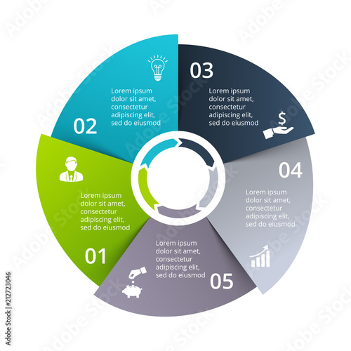 Circle diagram divided into 5 parts, steps or options. Vector origami infographic design template. Illustration for project steps visualization. Business presentation.