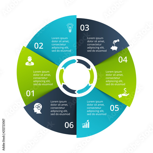 Circle diagram divided into 6 parts, steps or options. Vector origami infographic design template. Illustration for project steps visualization. Business presentation.