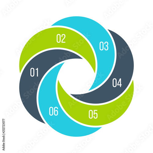 Twisted diagram divided into 6 parts, steps or options. Vector flat infographic design template. Illustration for project steps visualization. Business presentation.