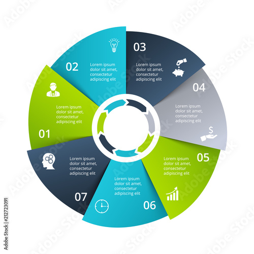 Circle diagram divided into 7 parts, steps or options. Vector origami infographic design template. Illustration for project steps visualization. Business presentation.