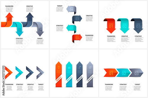 Set of vector arrows infographic design layouts with 3 and 4 options, parts or step. Illustration for project steps visualization. Modern design elements. Business presentation.