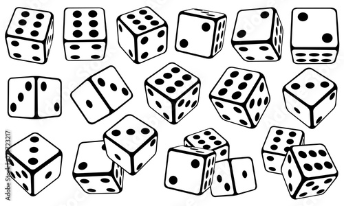 Set of dice in different positions isolated on white