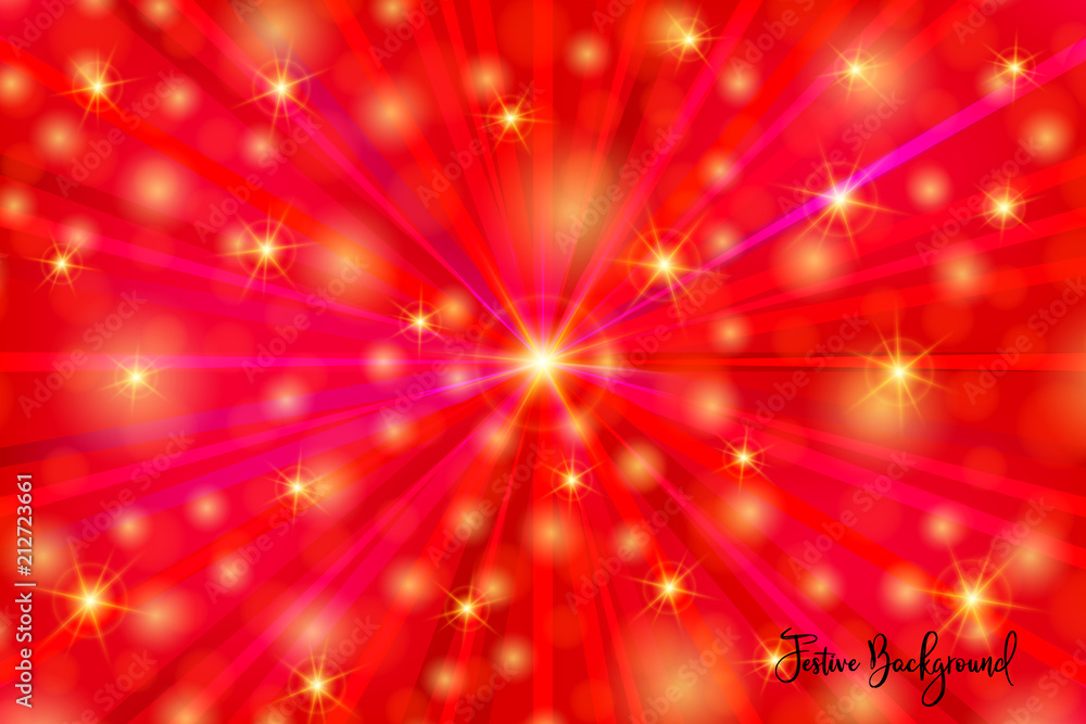 Fototapeta premium Shiny, festive bright background with random, chaotic, scattered bokeh lights, rays in red colors.