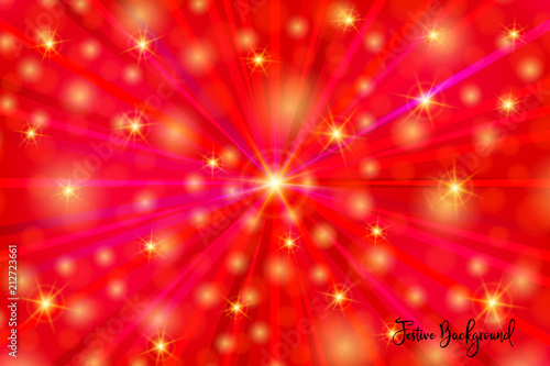 Shiny, festive bright background with random, chaotic, scattered bokeh lights, rays in red colors.