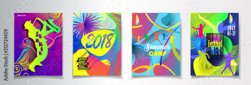 Brochure covers set. Summer Music Festival,Tropical Blue Sea Beach scene,  Carnival, Islands travel concept yacht sailing, palms, aqua park, kids camp,  adventure holiday vibrant paper cut craft