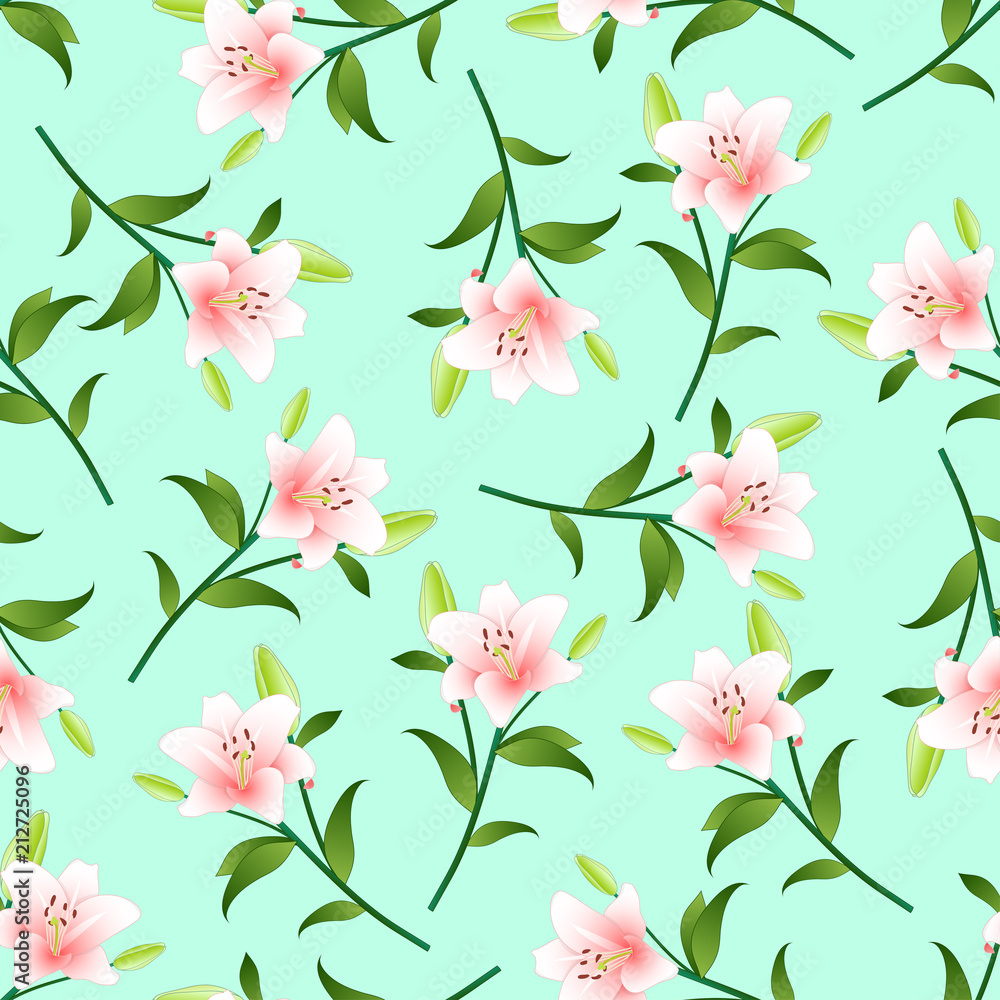 Pink Lily on Green Mint Background