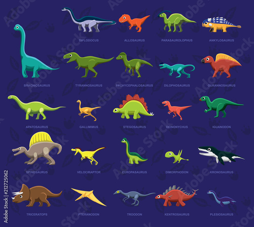 Various Dinosaur Side View Cartoon Vector Illustration