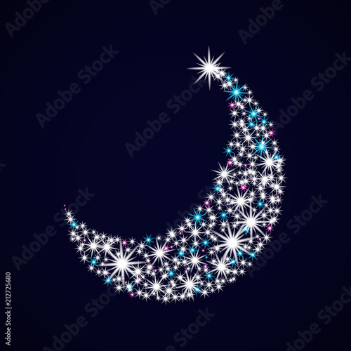 Night sky with moon. Glowing stars. Christmas Card. Vector illustration New year.