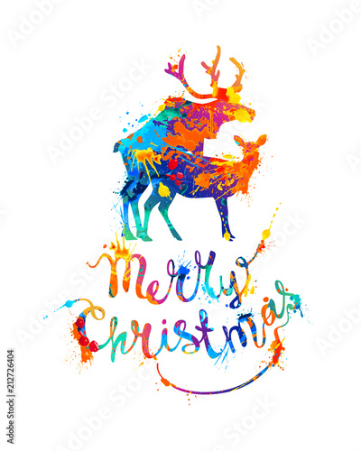 Merry Christmas card with silhouette of mating deers.
