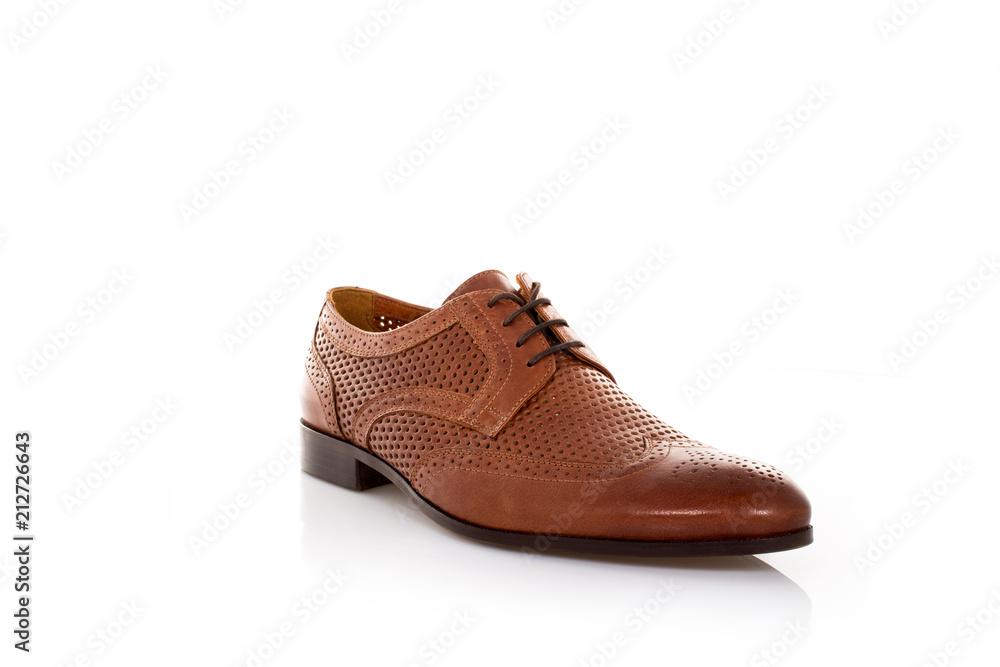 Close up of a brown mens derby shoes on white background with reflection. Fashion advertising shoes photos.