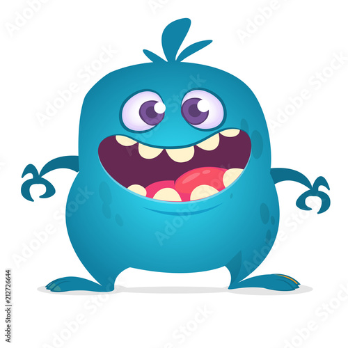 Happy cartoon monster laughing. Vector blue monster illustration. Halloween design