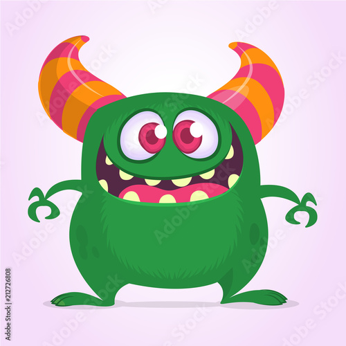 Happy cartoon monster with big mouth full of teeth. Vector green monster illustration. Halloween design