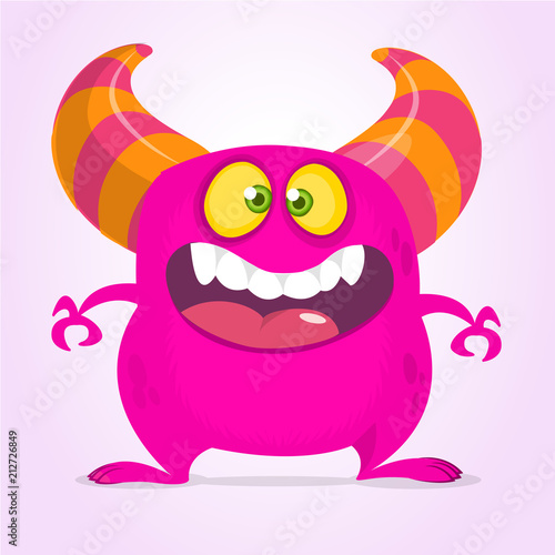 Happy cartoon monster with big mouth. Vector pink  monster illustration. Halloween design