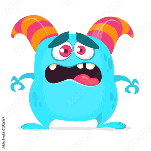 Scared cartoon monster with big mouth. Vector blue monster illustration. Halloween design