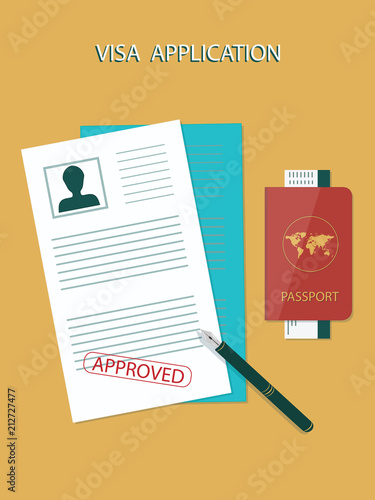 Visa Application form with photo and stamp approved - pen, passport, tickets - isolated on a yellow background - art vector