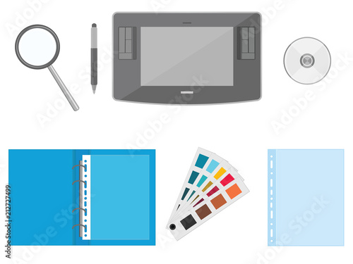 Set for designer - Graphic tablet, magnifier, folder for files, pallet colors, disk - isolated on white background - flat style - art vector