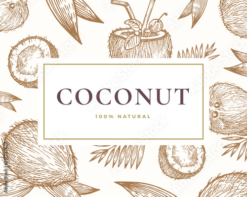 Hand Drawn Coconut Illustration Card. Abstract Vector Hand Drawn Coconuts and Palm Leaf Sketches Background with Classy Retro Typography.