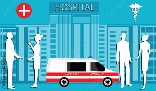 Medical workers, silhouettes of men and women - on the background of the building of the Hospital, ambulance car - art vector