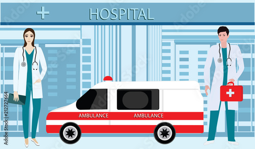 Doctors of ambulance silhouettes of men and women - on the background of the building of the Hospital - art vector