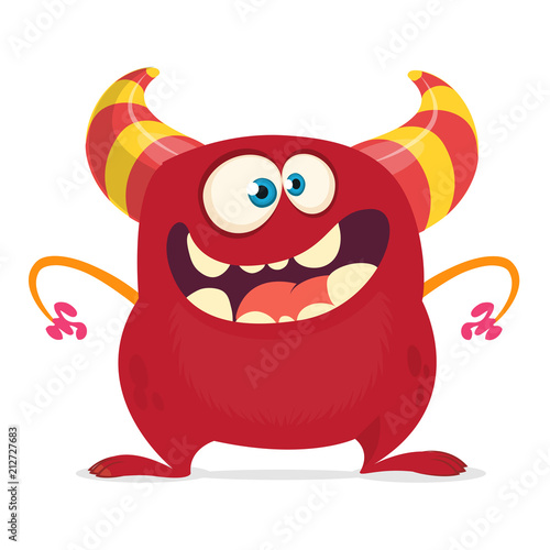 Cool cartoon monster with horns. Vector red monster illustration. Halloween design