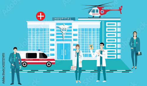 Hospital, Doctors in uniform - men and women - car Ambulance, medical Helicopter - flat style - art vector.