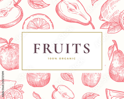 Hand Drawn Fruits Illustration Card. Abstract Vector Hand Drawn Lemon, Orange, Apple and Pear Sketches Background with Classy Retro Typography.