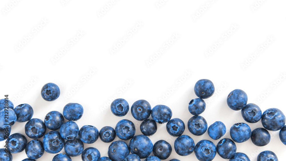 Creative layout with fresh ripe berries. Blueberry isolated on white background with copy space. Can use for your design, promo, social media. Top view. Banner Creative layout with fresh ripe berries. Blueberry isolated on white background with copy space. Can use for your design, promo, social media. Top view. Banner